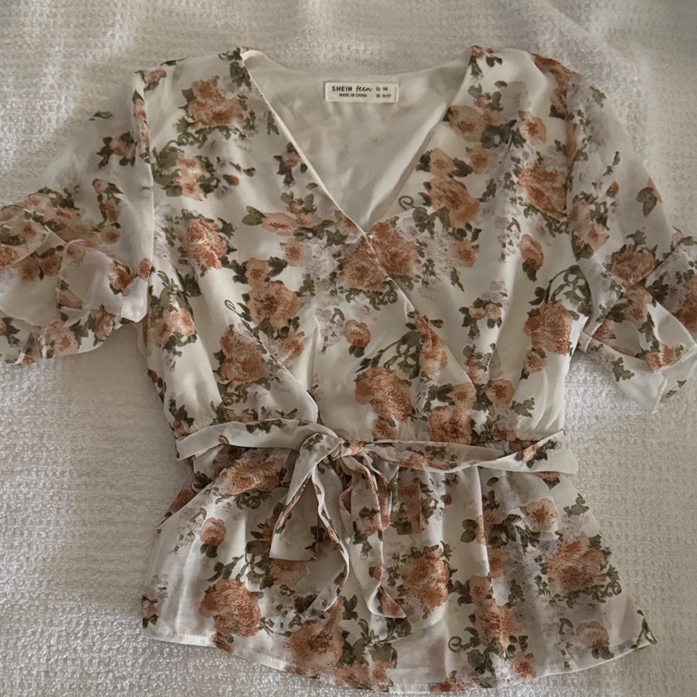 SHEIN Floral Wrap Blouse - Cream and Brown